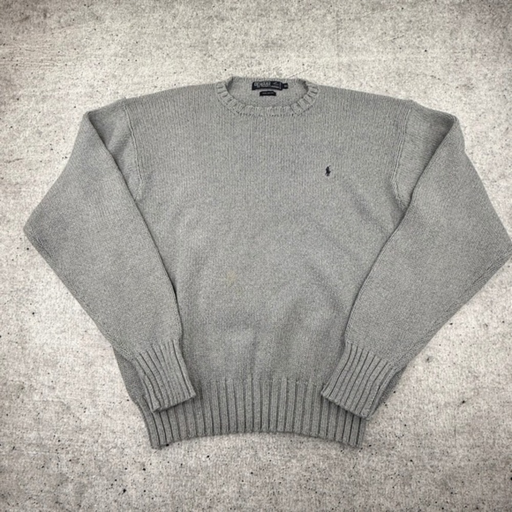 Vintage Polo Ralph Lauren Grey Knit Cotton Sweater Mens XL Ribbed Cuffs